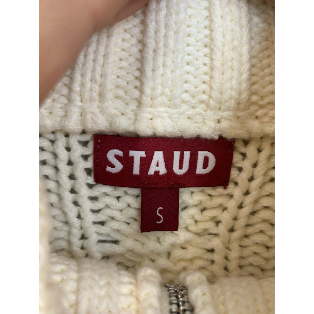 Staud Sweater Women’s Size Small Ivory Hampton Crop Half Zip Cotton Cable Knit - Picture 5 of 6